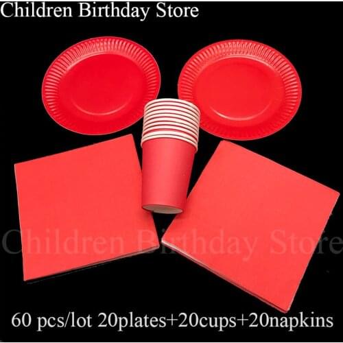 60pcs/lot plain color disposable party tableware sets red theme plates cups napkins red theme party sets for 20 people