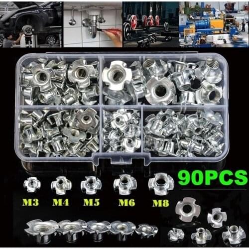 90PCS M3 M4 M5 M6 M8 Carbon Steel Four Claws Speaker Nut Blind Pronged Insert T-Nut for Wood Furniture