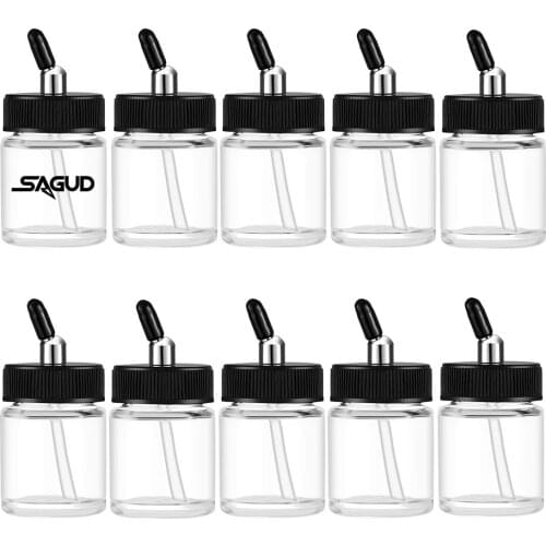 SAGUD Airbrush Accessories 10PCS/Box Empty 22CC Glass Jar Bottles with 150° Down Angle Lid Assembly - Fit Siphon Feed Airbrushes