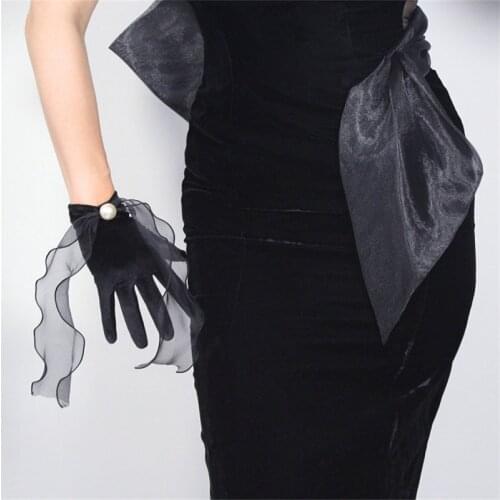 Black Velour Short Gloves 22cm Transparent Wave Mesh Snow Yarn Ribbon Three-Dimensional Ribbon Big Pearl Female WSR18