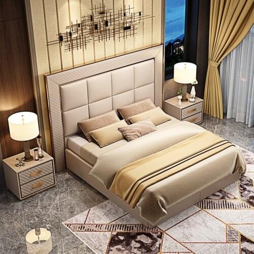Genuine Leather Double Bed Italian Luxury Bed 1.8 M Big Bed Post-Modern Master Bedroom Bedroom Bed High Bed