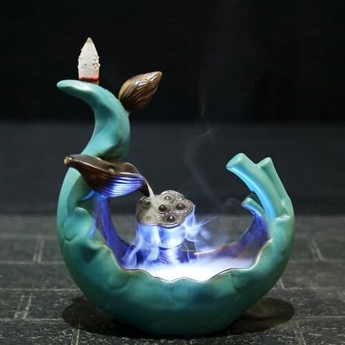 Creative LED Lotus Incense Burner Furnace Ornamental Sandalwood Smoking Backflow Censer Ceramic Antique New