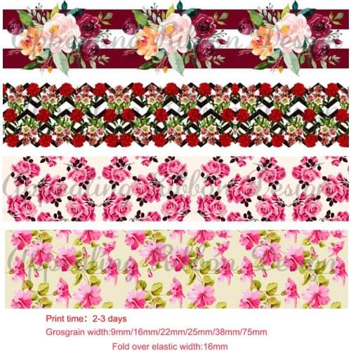 Custom 22mm 25mm 38mm 75mm flower printed grosgrain ribbon 16mm print flowers elastic ribbon 50 yard DIY bow gift wrap ribbons