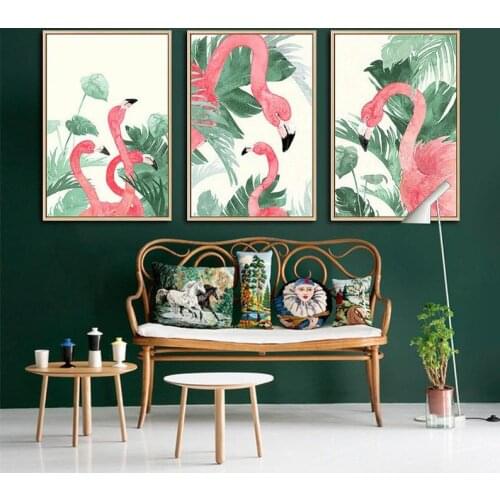 Leaves & Flamingo Paint By Number Kit For Office Living Room Decor Nordic Flamingo In Jungle Art Wall Art Animal Painting Green