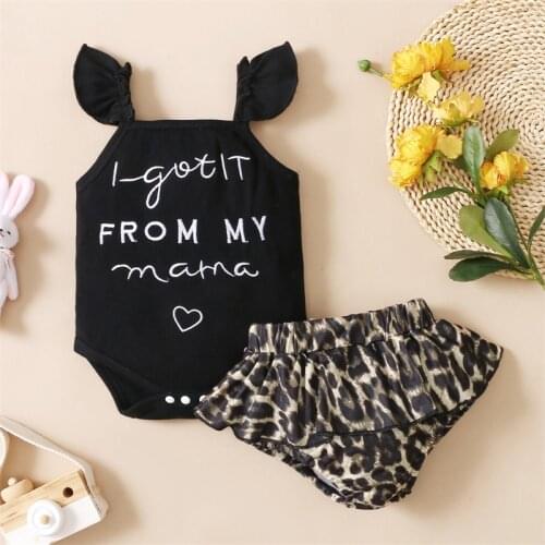 Baby Girls 2 Piece Summer Outfits Set Fly Sleeve Letter Embroidery Bodysuit + Leopard Shorts Set