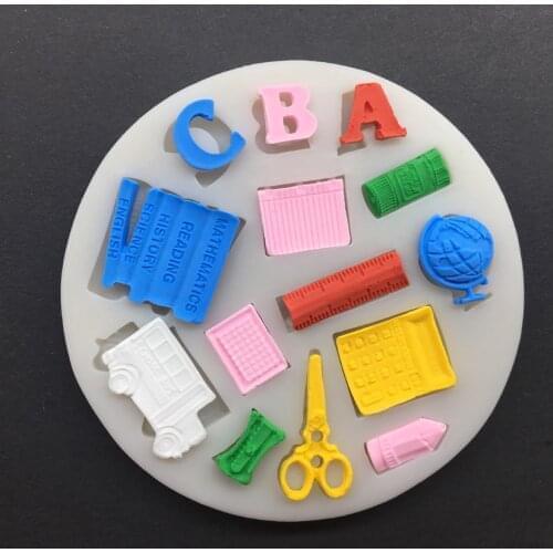 Wholesale 10 pcs School Bus Globe Stationery Shape Silicone Mold Sugarcraft Cupcake Baking Mold Fondant Cake Decorating Tools