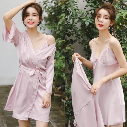 Sexy Pajamas Womens Summer Slip Nightdress Nightgown Two-Piece Lace Pajamas with Chest Pad