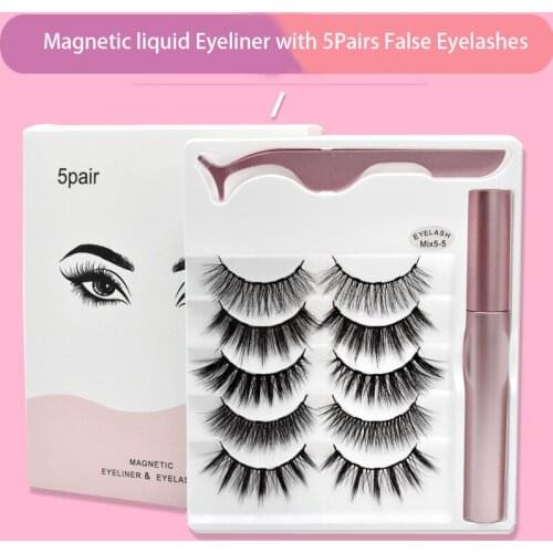 Round Tube Magnetic Liquid Eyeliner With 5Pairs False Eyelashes Easy To Wear Lashes Mixed Set Long Lasting Quick-drying TSLM1