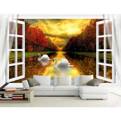 Custom photo wallpaper for walls 3 d murals Modern window swan scenery in the forest lake 3D background wall papers home decor