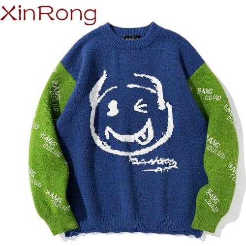 Hip-hop pullover sweater net red sweater color matching smiley face male and female tide brand round neck sweater loose and lazy