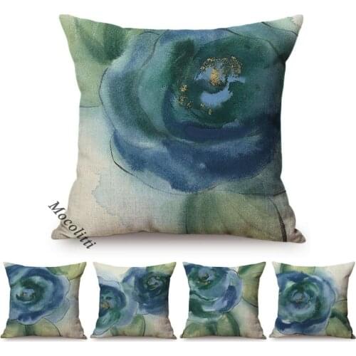 Modern Art Gilding Growth Navy Blue Pastel Flower Elegant Home Decor Throw Pillow Case Luxury Water Color Linen Cushions Cover
