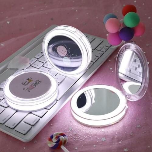 LED Mini Makeup Mirror Cute Cartoon Pattern Portable Light Up Rechargeable Folding USB Connect Portable Makeup Mirror