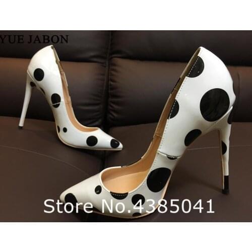 YUE JABON White Black PU Leather Thin High Heels Shoes Sexy Pointed Toe Stiletto Pumps Shoes Slip On Girls Party Dress Shoes