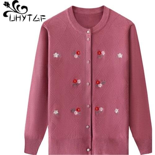 UHYTGF Mothers Spring Sweater Jacket Fashion Embroidered Knitted Cardigan Women Middle-Aged Elderly Thin Plus Size Sweaters 1510