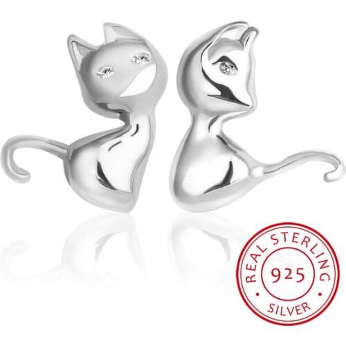 Cat Earrings 925 Sterling Silver Kitty Cat Animal Stud Earrings for Women Fine Jewelry Girl Kid Gift Brincos HSE450