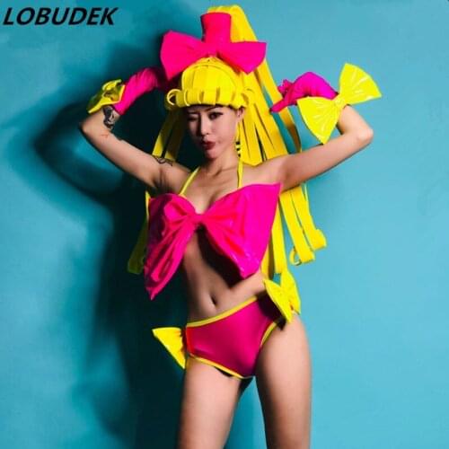 Female Soldiers Role-playing Pink Bow Bikini Yellow Wig Headdress Cosplay Costume Dance Team Party Show Stage Wear Bar Outfits