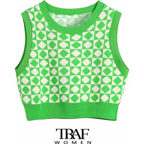 TRAF Za Women Fashion Ribbed Trims Cropped Argyle Knit Waistcoat Vintage O Neck Sleeveless Female Vest Sweater Chic Tops