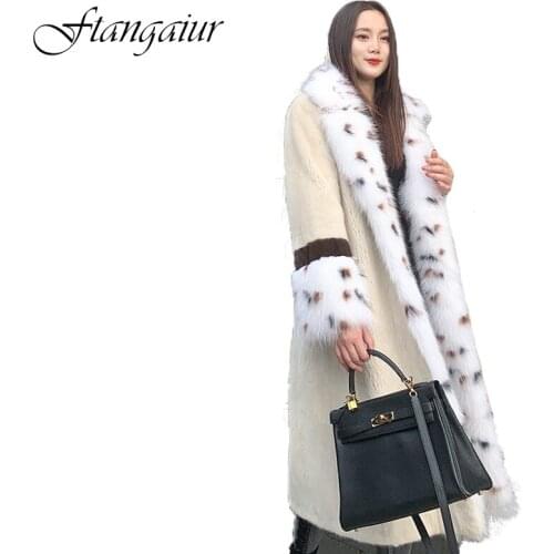 Ftangaiur 2019 Winter Import Purple standard Velvet Mink Fur Coat Womens Leopard Fox Collar X-Long Natural Real Mink Fur Coats