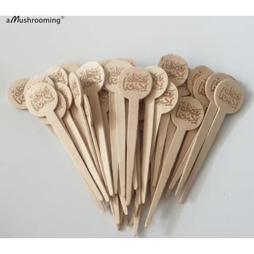 100pcs Round Sign Decor Stick for Eid Mubarak Party Buffet Table Food Sign Party Decoration Wood Personalized Ramadan Moon Star