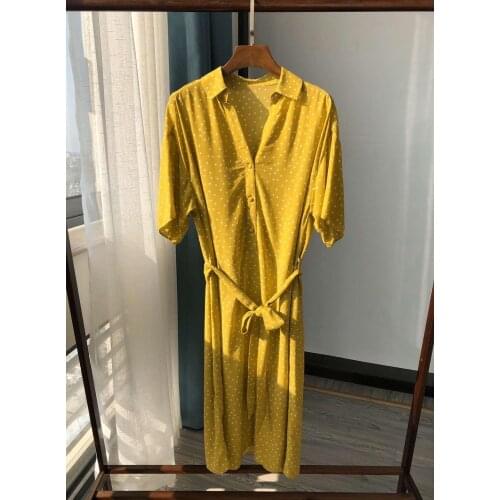 100% viscose Spring Summer 2020 Yellow Womens beach dress Simple Polka dot ladies knee-length dress lace-up female clothes