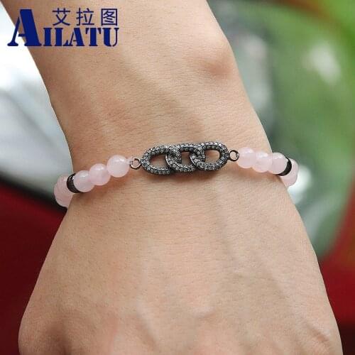 Ailatu New 6mm Pink Crystal Stone Beads Micro Pave Zircon Beads Chain Energy Mens Jewelry Bracelets Pulseira Hombres