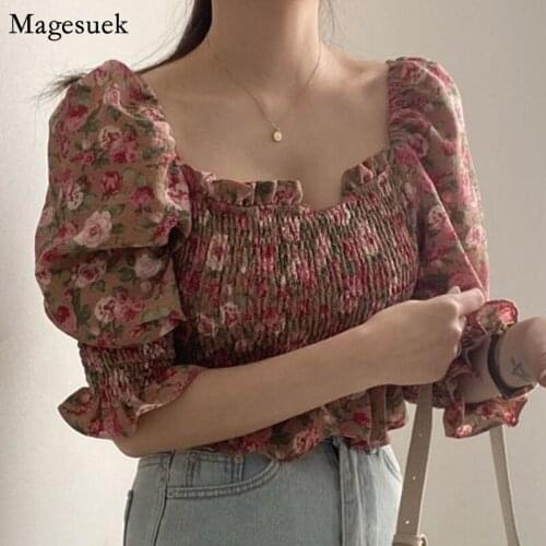 Korean Vintage Floral Print Chiffon Shirt Women Puff Short Sleeve Summer Tops Women Elegant Square Collar Blouses Blusas 14380