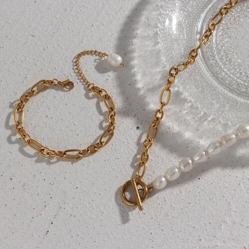French Elegant Splicing OT Clasp Freshwater Pearl Irregular Link Chain Choker Necklace Gold Plated Bracelet Pearl Jewelry Set