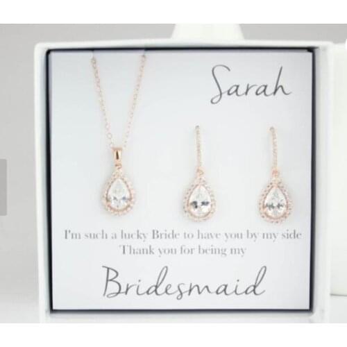 Personalize rose gold NAME TEXT wedding Bridesmaid teardrop CZ Earrings necklace sets Jewelry Sets for Bridesmaid proposal gift
