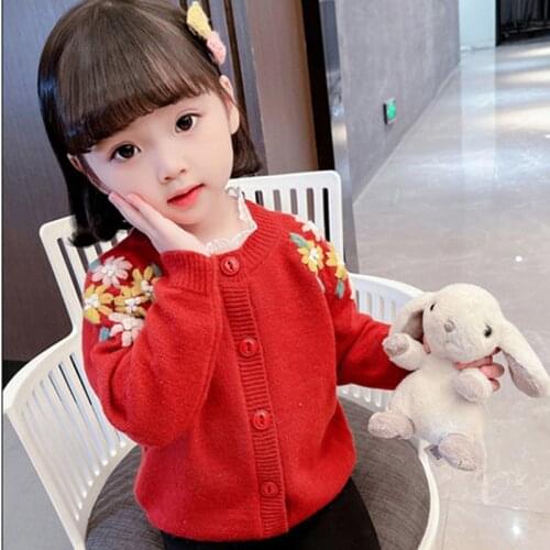 2021 Autumn Children Clothes Girls Fashion Flower Knitted Cardigan Coat Korean Solid Single Breasted Cotton Sweaters For 1-7Yrs
