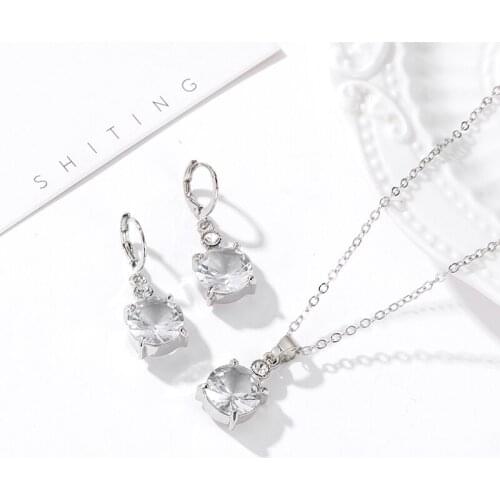 Trend Bling Shining Crystal Zircon Silver Plated Chain Necklace Drop Earring Set Alloy Charm Jewelry Sets For Women