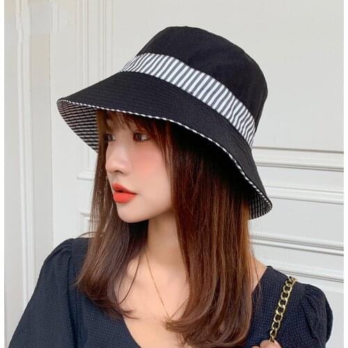Korean Double-sided Fisherman Hat Female Spring and Summer New Striped Solid Color Wide-brimmed Sun Hat Tide Wild Casual Sun Hat