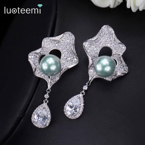 LUOTEEMI Charm CZ Micro Paved Flower With Gray Imitation Pearl Drop Bridal Wedding Dangle Earrings For Women Brincos Bijoux