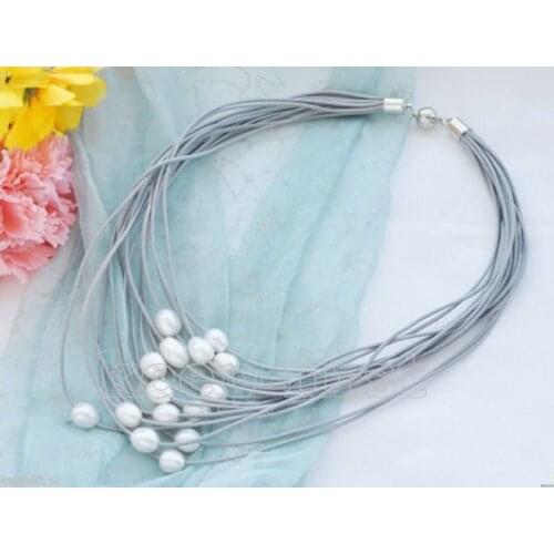Fashion 15 Rows Gray Leather Rope & 11-12mm White Freshwater Pearl Necklace