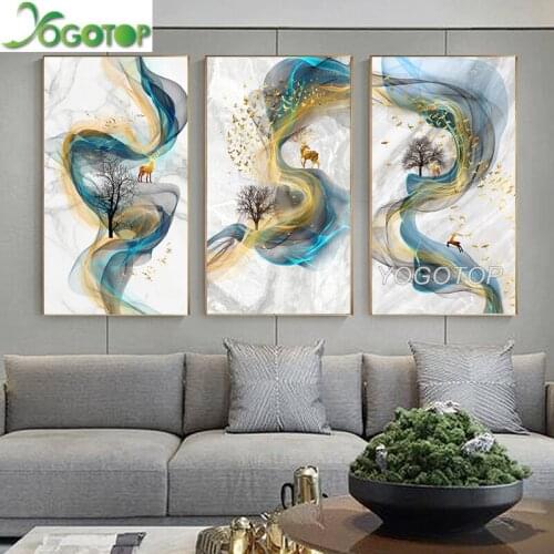 5D mosaic,diy diamond painting art,Abstract Golden Deer Triptych rhinestone Diamond embroidery Blue Gold Wall Art 3pcs ML1386