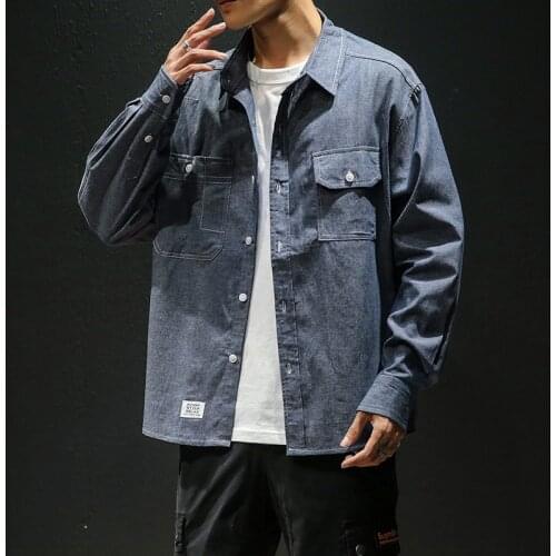 2021 New Arrival Mens Denim Loose Casual Long Sleeve Shirt Street Fashion Student Turn-Down Collar Coat