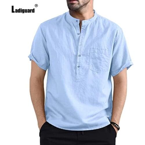 Ladiguard 2021 Plus Size Mens Latest Summer Linen Blouses Blue Pink Single Breasted Tops Casual Pullovers Sexy Male Shirt blusas