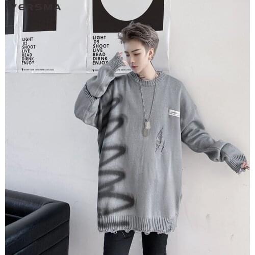 VERSMA Korean Ulzzang Graffiti Print Ripped Hole Sweater Men Hip Hop Streetwear Oversized Knitted Tie Dye Vintage Sweater Male