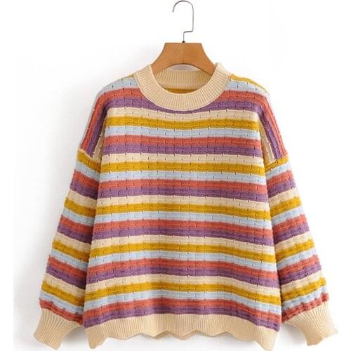 2021 early autumn new gentle and lazy sweater with rainbow stripes loose oversized long-sleeved wavy hem pullover sweater