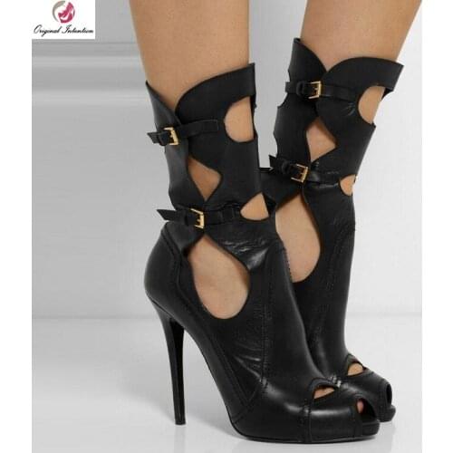 Original Intention Sexy Women Boots Peep Boots Heels Fashion Peep Toe Summer Boots Black Shoes Woman Plus Size 4-15