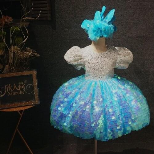 Real Picture Bling Bling Sequin Puff Sleeve Birthday Party Tutu Dresses Ball Gowns Children Girls Celebration Gowns Photo Props