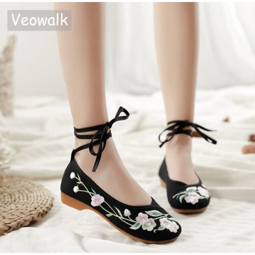 Veowalk Ankle Strap Women Costume Canvas Flat Shoes Ladies Casual Cotton Embroidered Dance Ballets Comfortable Soft Ballerinas
