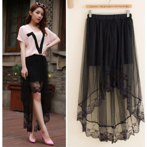 Women Girls Summer High Waist Layered Sheer Mesh Swallowtail Midi Long Skirt Asymmetric Scalloped Lace Hem Pleated Party Dress