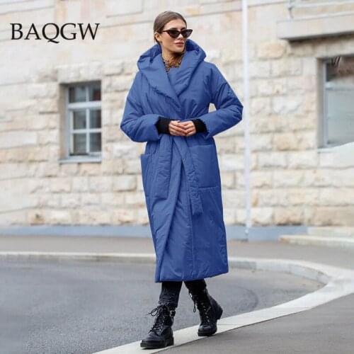 Women Winter Pockets Sashes Solid Chic Thicken Long Parkas Outwear Open Stitch Casual Hooded Outerwear Warm Oversized Outfits