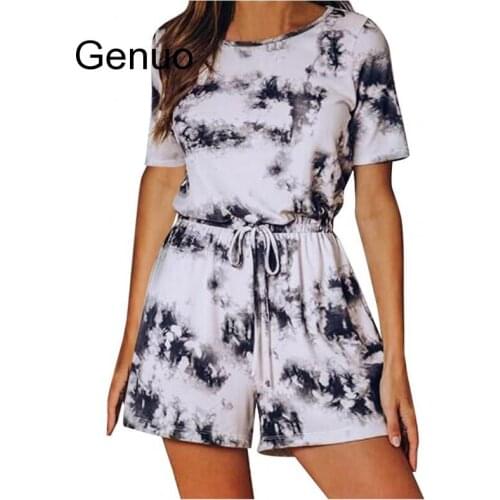 Womens Summer Jumpsuit Short Tie-dye Printed Short Sleeve Playsuits Loungewear One Piece Loose Pockets Overalls For Women M6