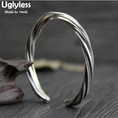 Uglyless Real S 999 Fine Thai Silver Women Statement Dress Jewelry Handmade Weave Texture Twisted Bangle Adjustable Open Bangles