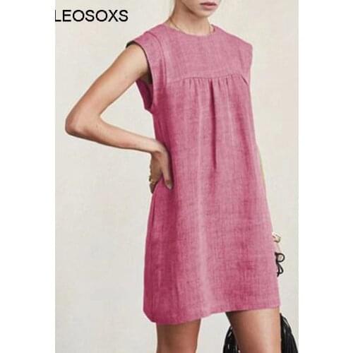 Womens Dresses Fashion 2021 New Summer Round Neck Loose Cotton And Linen Solid Color Casual Dress