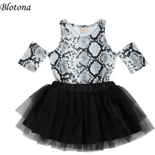 Blotona 2Pcs Leisure Style Little Girls Outfit Summer Snakeskin Printing Off Shoulder O-Neck Top + Mesh Skirt Set 1-6Years