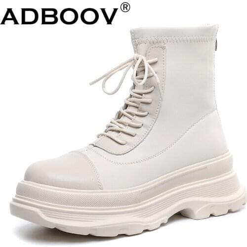 ADBOOV New Genuine Leather Ankle Boots Women Back Zip Thick Sole Platform Boots Female Fall Winter Shoes