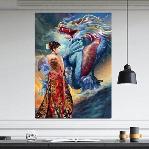 Round square 5D DIY Diamond Painting Japanese woman and dragon Rhinestones embroidery Diamond Mosaic Home Decor Gifts