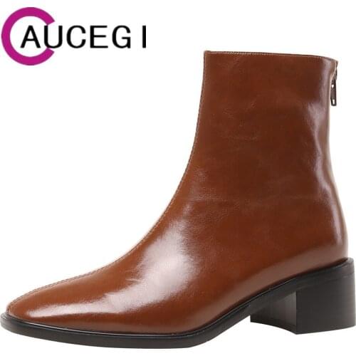 Aucegi Women Ankle Boots 2021 Elegant Top Quality Leather Brown Black Beige Thick Heels Fashion Rubber Ladies Zipper Shoes
